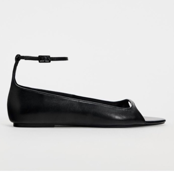 ZARA Flat Open Pointed Toe Black Leather Ballet Flats - Picture 4 of 11